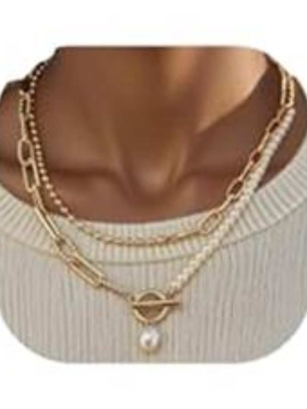 Gold Layered Pearl Chain Necklace for Women, 14K Gold Plated Pearl Link Toggle